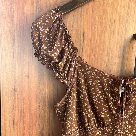 NWT Stitch Pine Floral Midi Dress Medium Brown Milkmaid Peasant Stretch Prairie - Picture 5 of 14